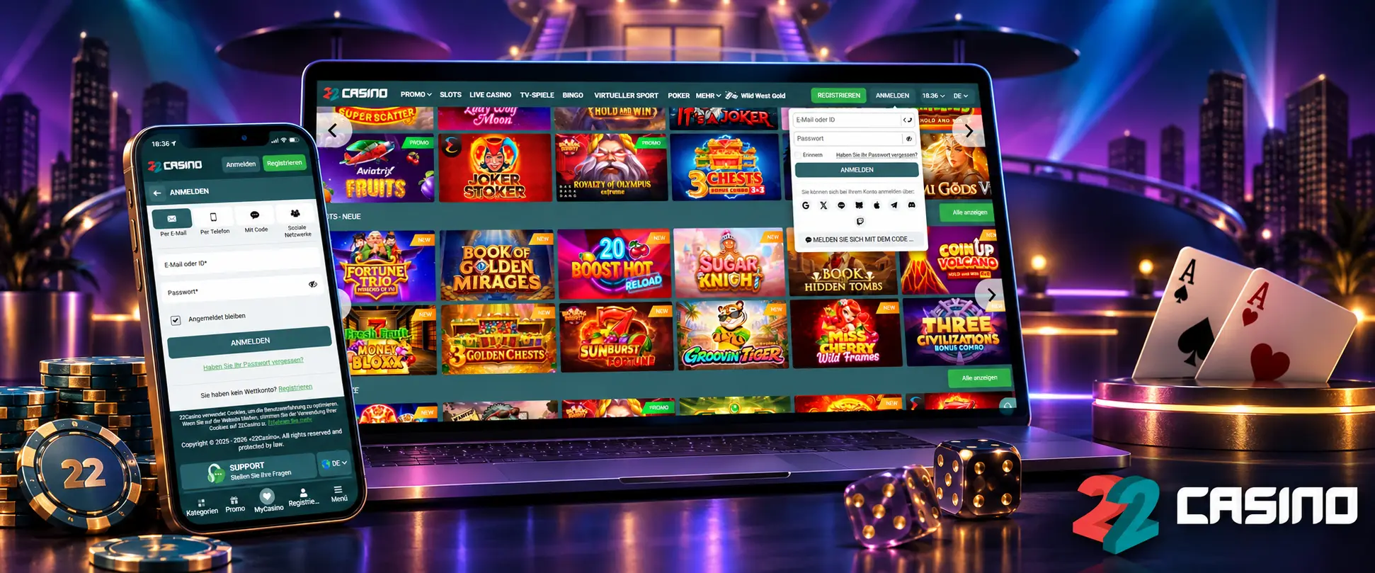 So meldest du dich bei 22Casino an